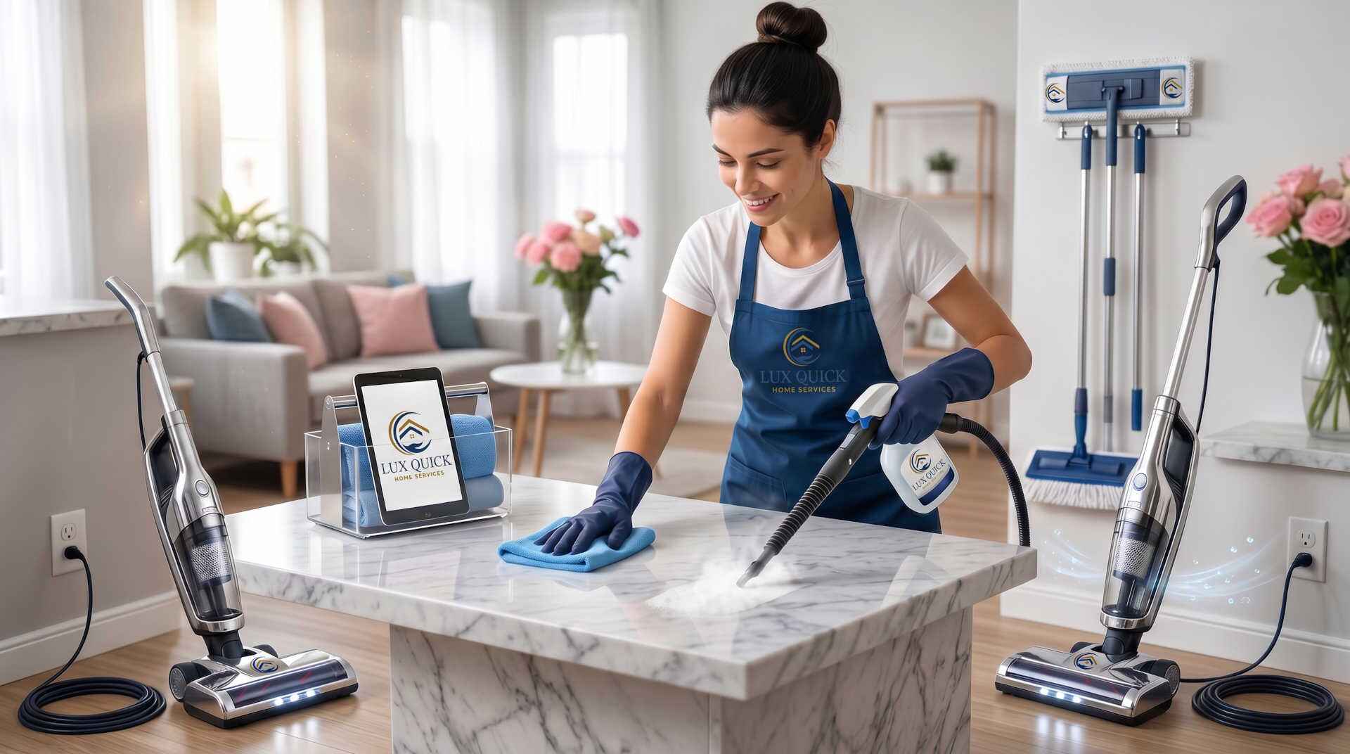 Home cleaning specialist from Lux Quick Home Services disinfecting a kitchen counter with a steam cleaner, emphasizing professional deep‑clean service.